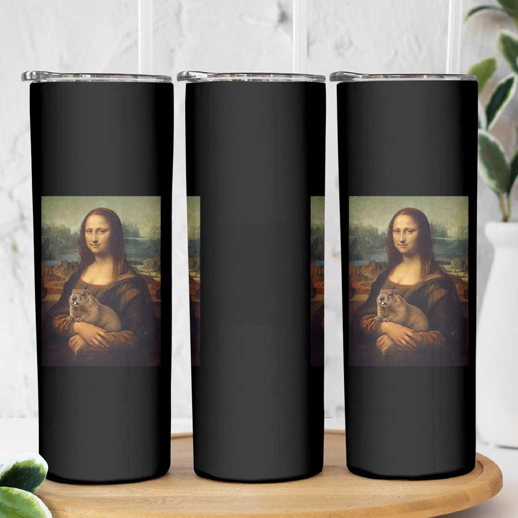 Mona Lisa Holding Groundhog Parody Painting Skinny Tumbler Funny Groundhog Day