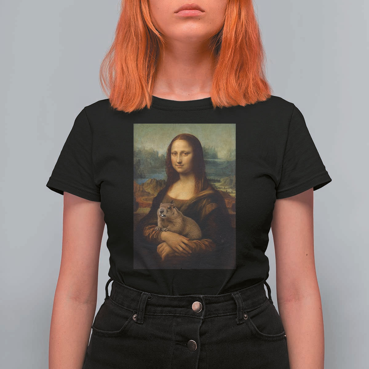 Mona Lisa Holding Groundhog Parody Painting T Shirt For Women Funny Groundhog Day