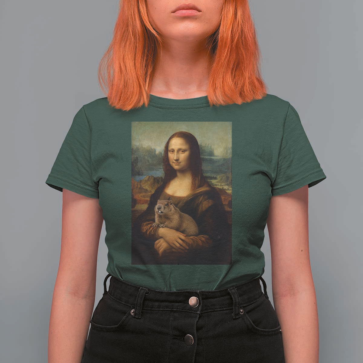 Mona Lisa Holding Groundhog Parody Painting T Shirt For Women Funny Groundhog Day