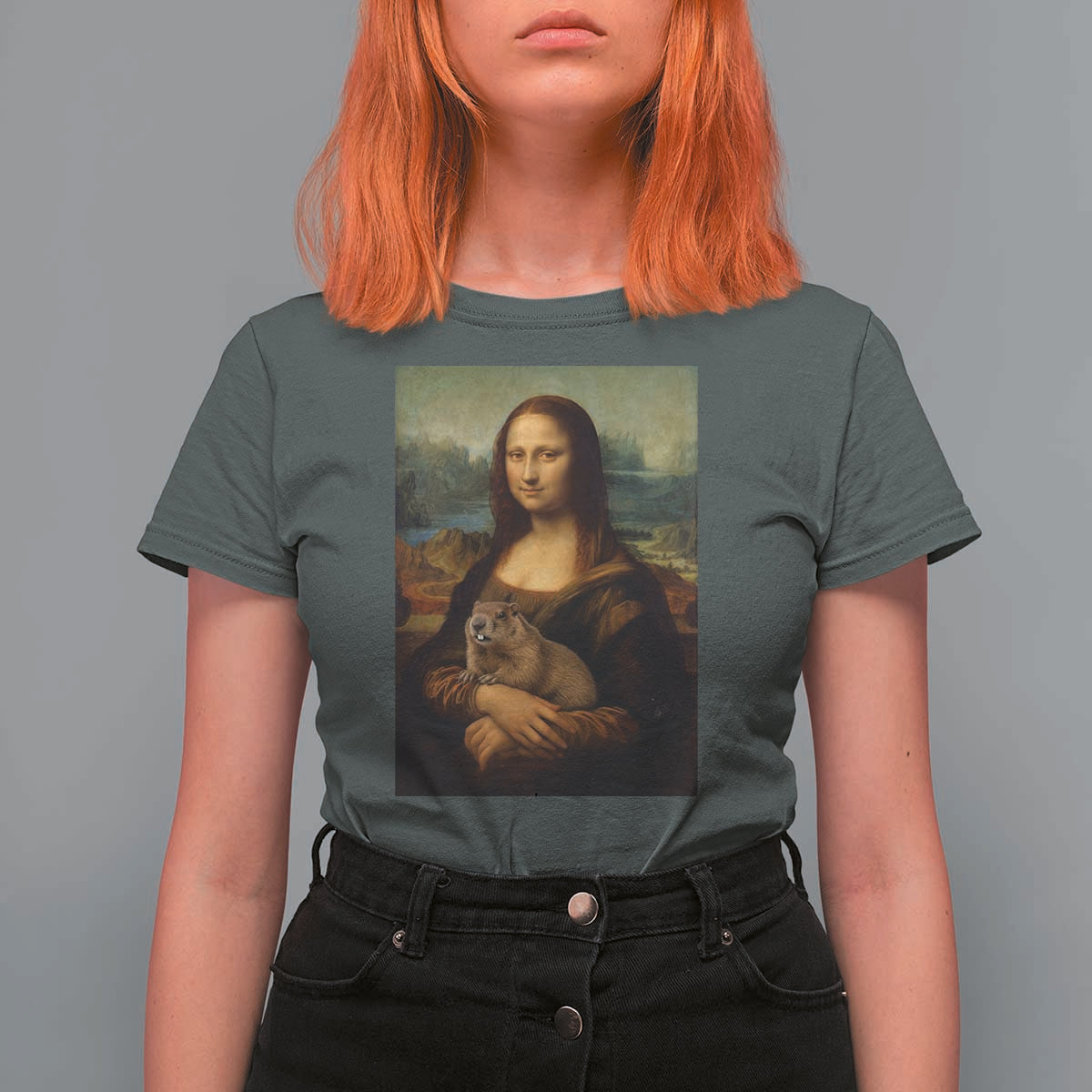 Mona Lisa Holding Groundhog Parody Painting T Shirt For Women Funny Groundhog Day