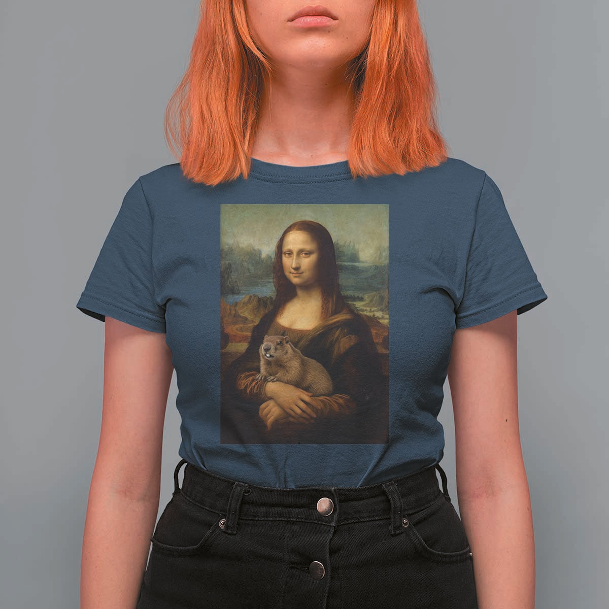 Mona Lisa Holding Groundhog Parody Painting T Shirt For Women Funny Groundhog Day