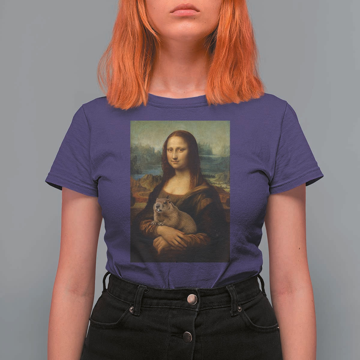 Mona Lisa Holding Groundhog Parody Painting T Shirt For Women Funny Groundhog Day