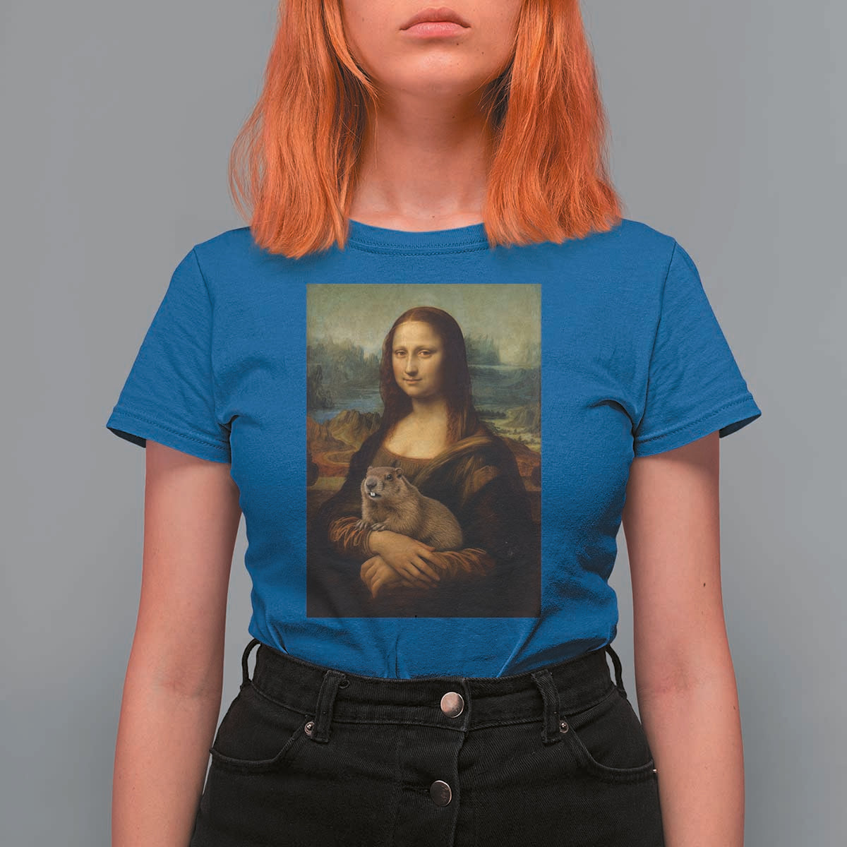 Mona Lisa Holding Groundhog Parody Painting T Shirt For Women Funny Groundhog Day