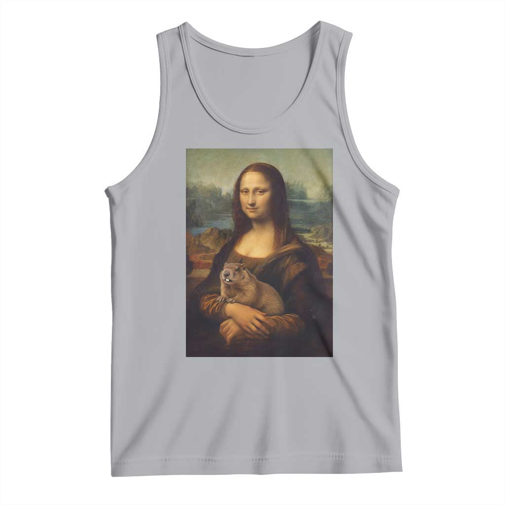 Mona Lisa Holding Groundhog Parody Painting Tank Top Funny Groundhog Day