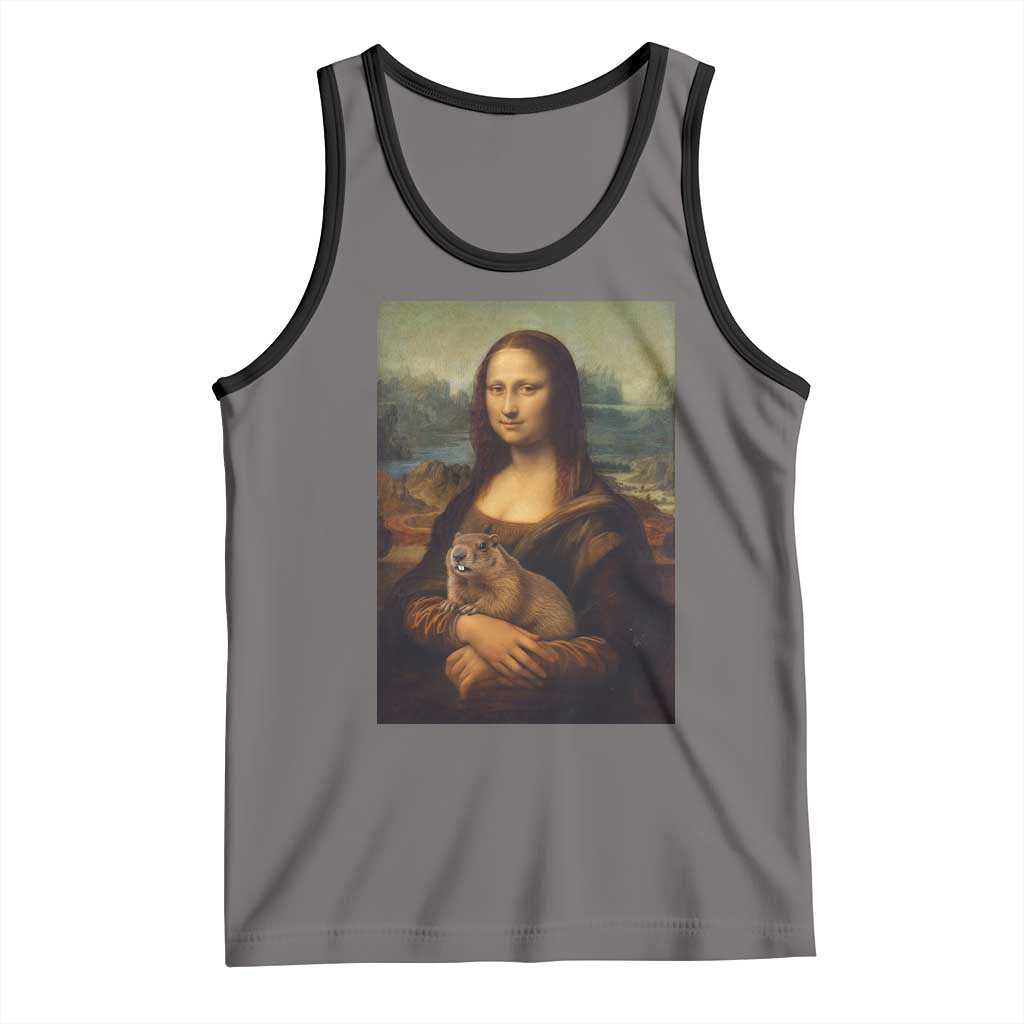 Mona Lisa Holding Groundhog Parody Painting Tank Top Funny Groundhog Day
