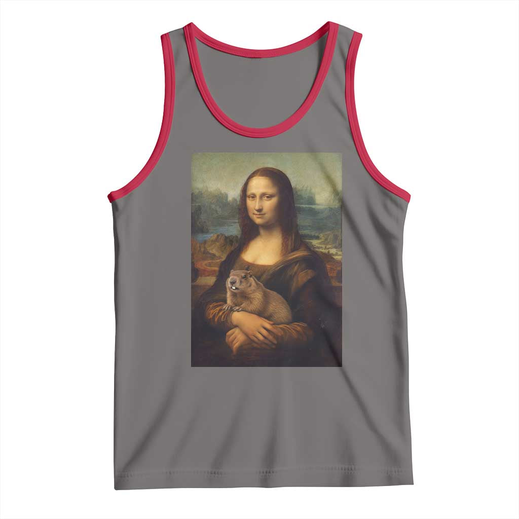 Mona Lisa Holding Groundhog Parody Painting Tank Top Funny Groundhog Day