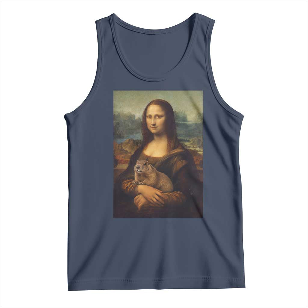 Mona Lisa Holding Groundhog Parody Painting Tank Top Funny Groundhog Day