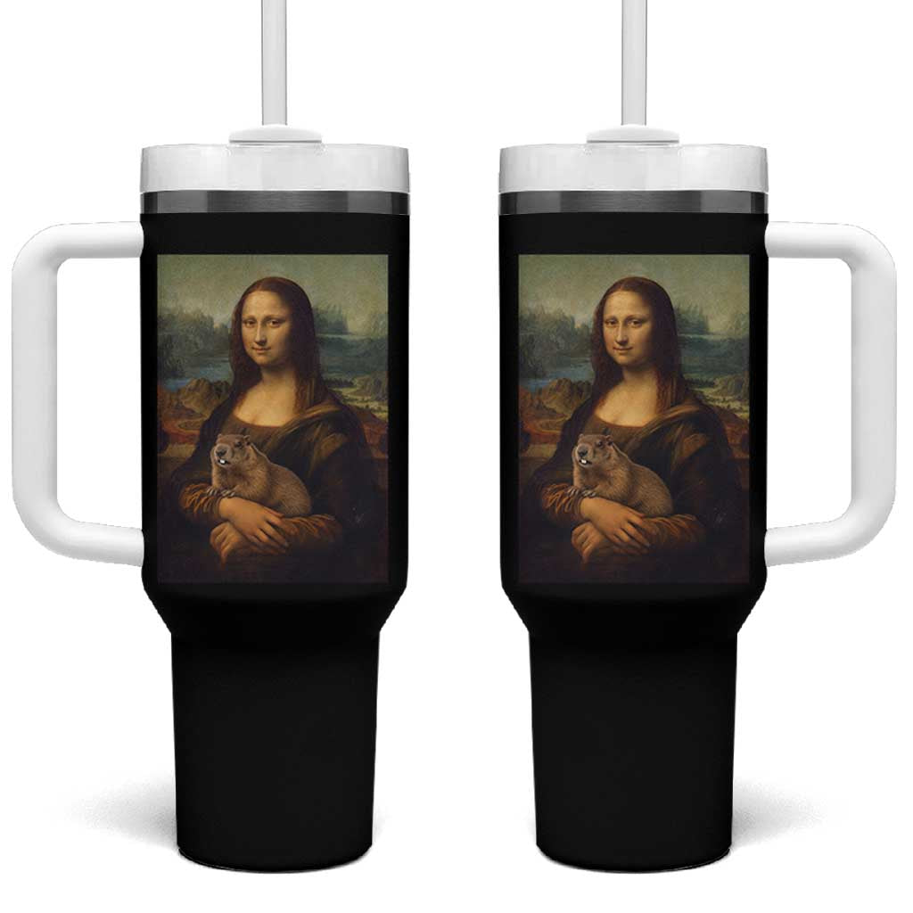 Mona Lisa Holding Groundhog Parody Painting Tumbler With Handle Funny Groundhog Day