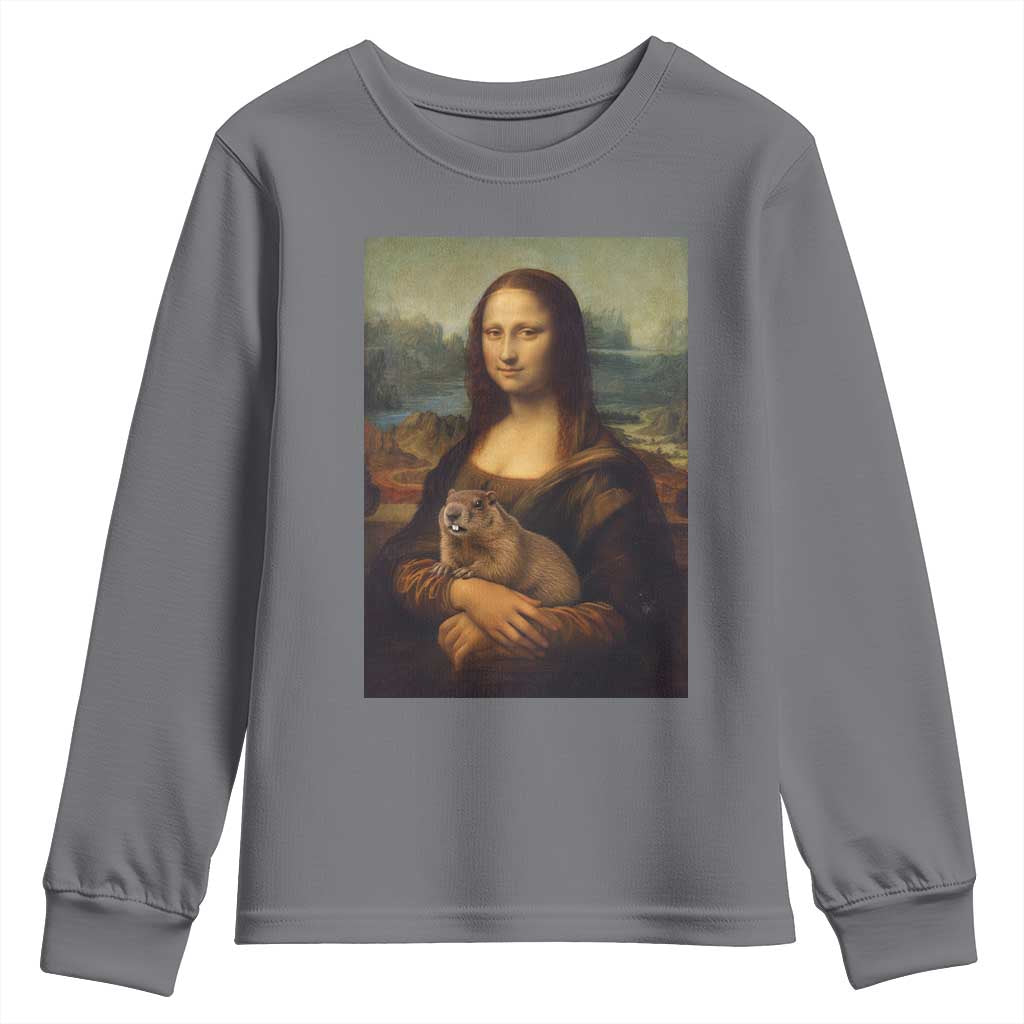 Mona Lisa Holding Groundhog Parody Painting Youth Sweatshirt Funny Groundhog Day