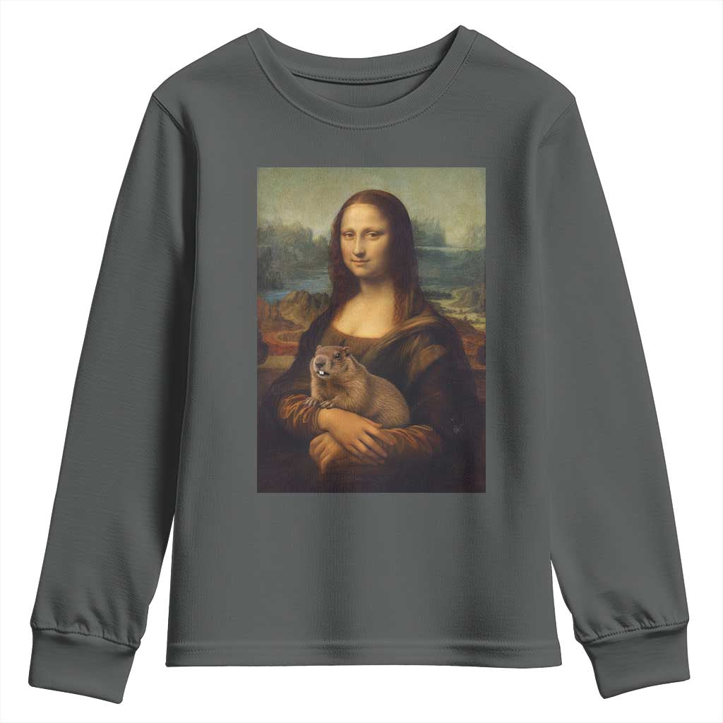 Mona Lisa Holding Groundhog Parody Painting Youth Sweatshirt Funny Groundhog Day
