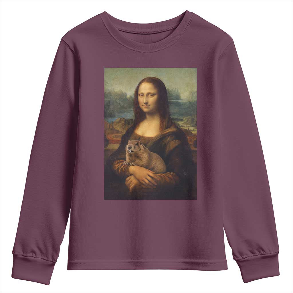 Mona Lisa Holding Groundhog Parody Painting Youth Sweatshirt Funny Groundhog Day
