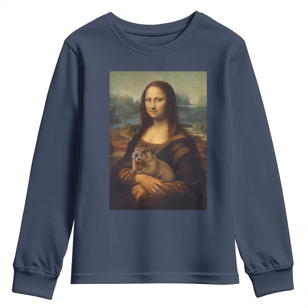 Mona Lisa Holding Groundhog Parody Painting Youth Sweatshirt Funny Groundhog Day