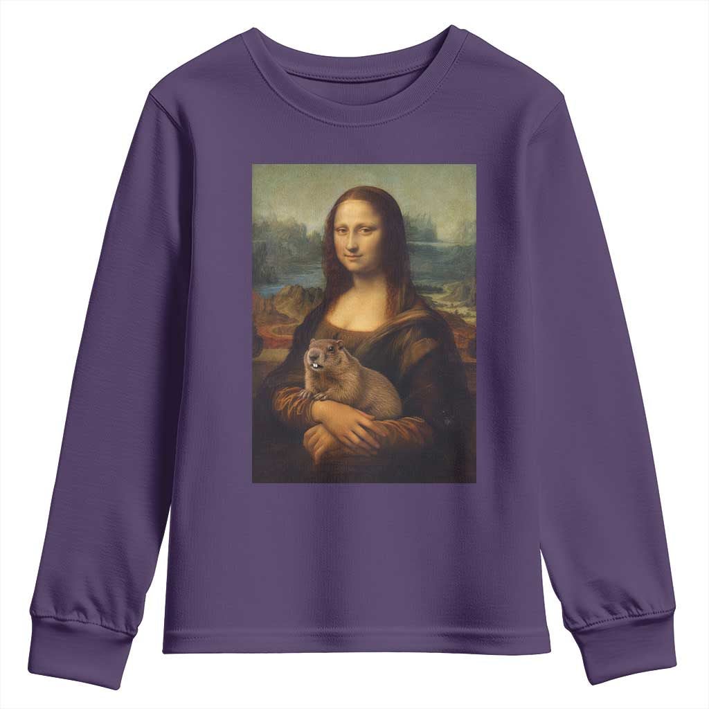 Mona Lisa Holding Groundhog Parody Painting Youth Sweatshirt Funny Groundhog Day