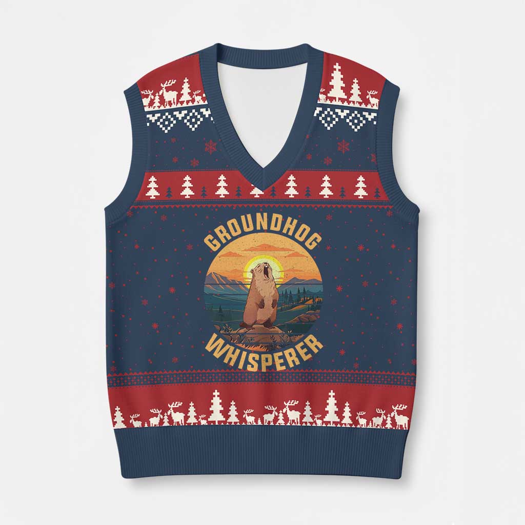 Funny Groundhog Whisperer V-Neck Knit Sweater Vest Screaming Woodchuck Mountain Forest