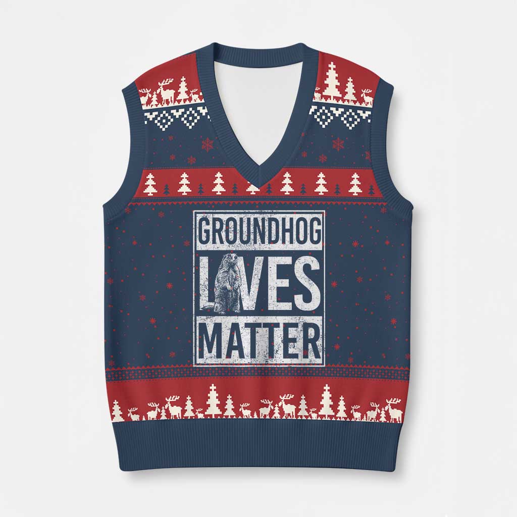 Groundhog Lives Matter V-Neck Knit Sweater Vest Funny Woodchuck Groundhog Day