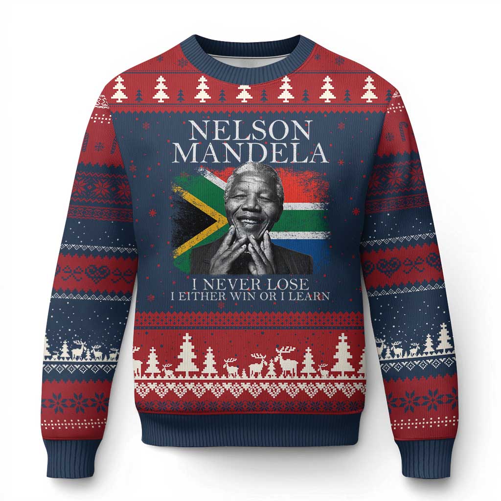 Nelson Mandela Quote Ugly Christmas Sweater I Never Lose I Either Win Or I Learn Vintage South African Flag