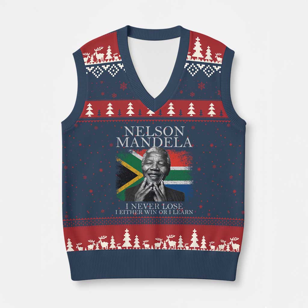 Nelson Mandela Quote V-Neck Knit Sweater Vest I Never Lose I Either Win Or I Learn Vintage South African Flag