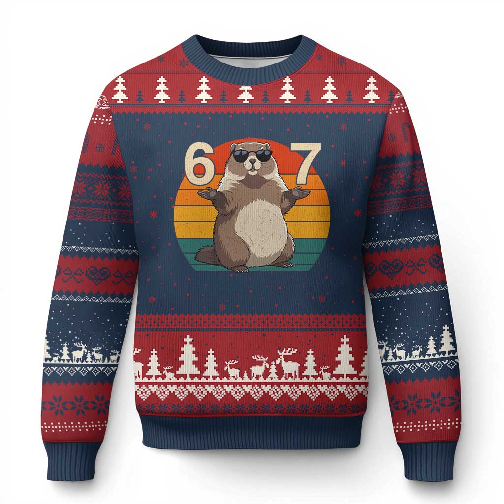 Funny Groundhog 67 Ugly Christmas Sweater Six Seven Meme Retro Vintage Woodchuck Day - Wonder Print Shop