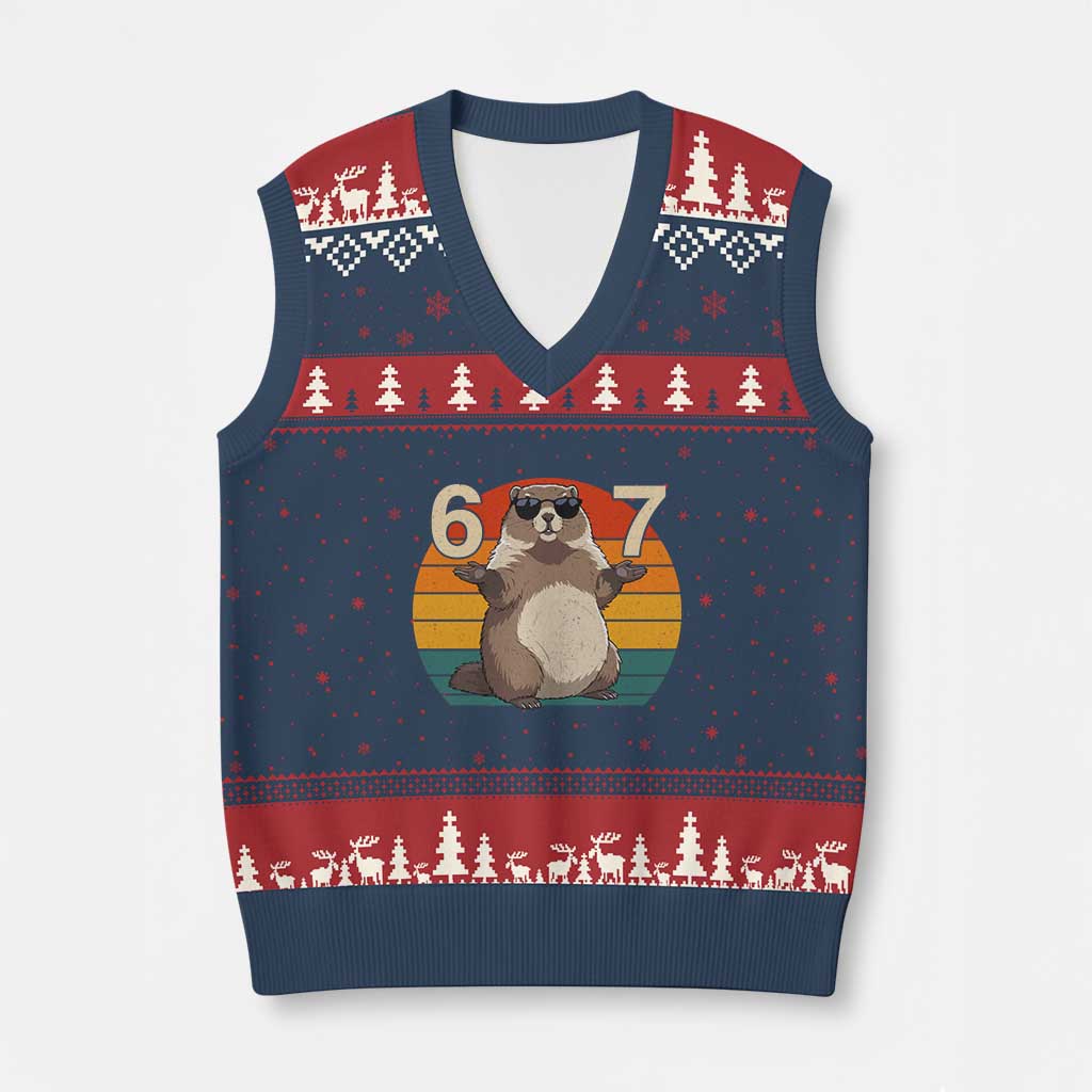 Funny Groundhog 67 V-Neck Knit Sweater Vest Six Seven Meme Retro Vintage Woodchuck Day - Wonder Print Shop