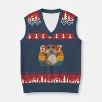 Funny Groundhog 67 V-Neck Knit Sweater Vest Six Seven Meme Retro Vintage Woodchuck Day - Wonder Print Shop