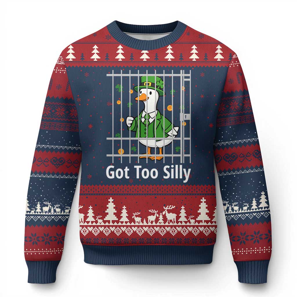 Funny Got Too Silly St Patricks Day Ugly Christmas Sweater Goose Pun Humor Animal Lovers Shamrock