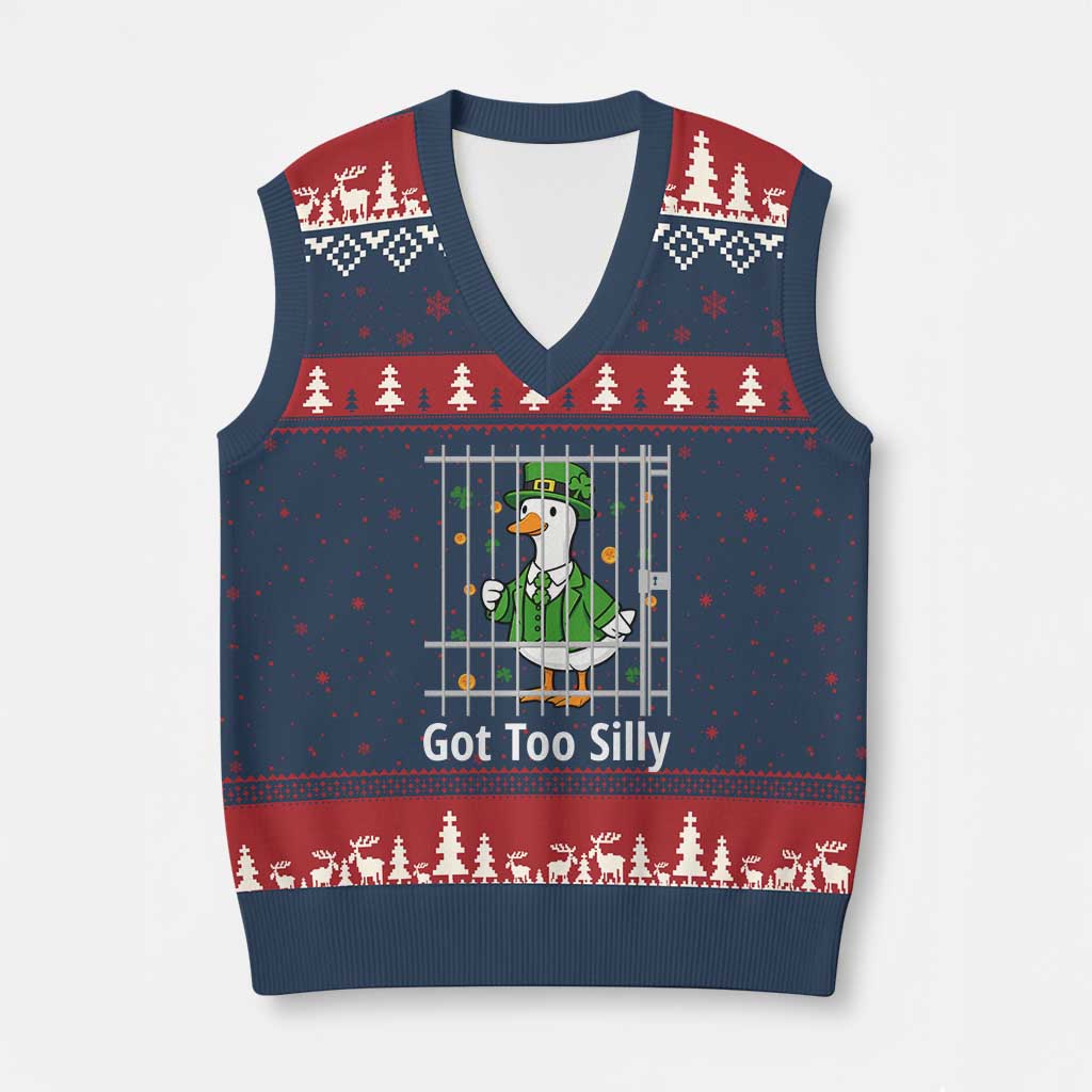 Funny Got Too Silly St Patricks Day V-Neck Knit Sweater Vest Goose Pun Humor Animal Lovers Shamrock