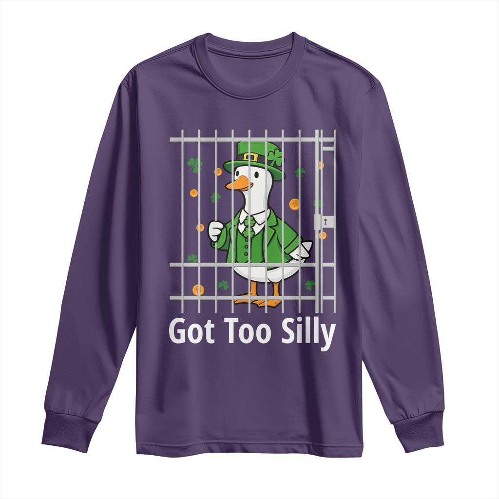 Funny Got Too Silly St Patricks Day Long Sleeve Shirt Goose Pun Humor Animal Lovers Shamrock