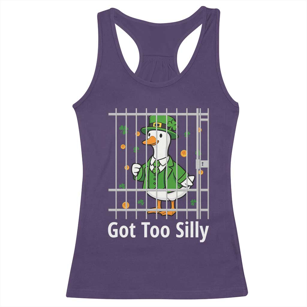 Funny Got Too Silly St Patricks Day Racerback Tank Top Goose Pun Humor Animal Lovers Shamrock