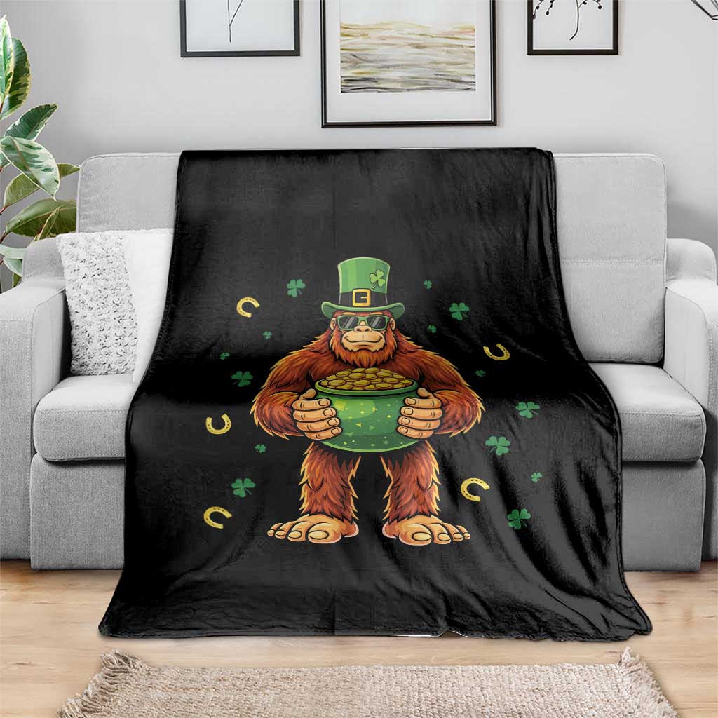 Funny St Patricks Day Bigfoot Lucky Pot Gold Sunglasses Sasquatch Throw Blanket
