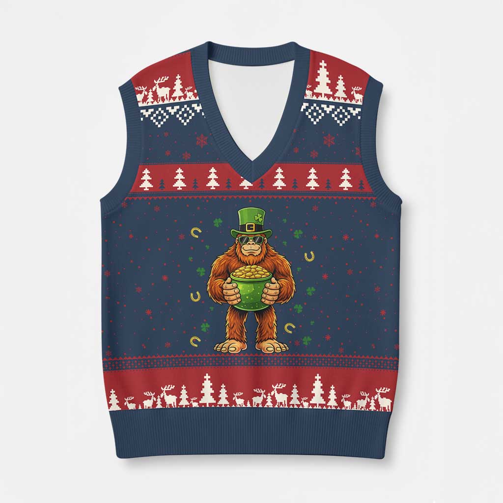 Funny St Patricks Day Bigfoot Lucky Pot Gold Sunglasses Sasquatch V-Neck Knit Sweater Vest