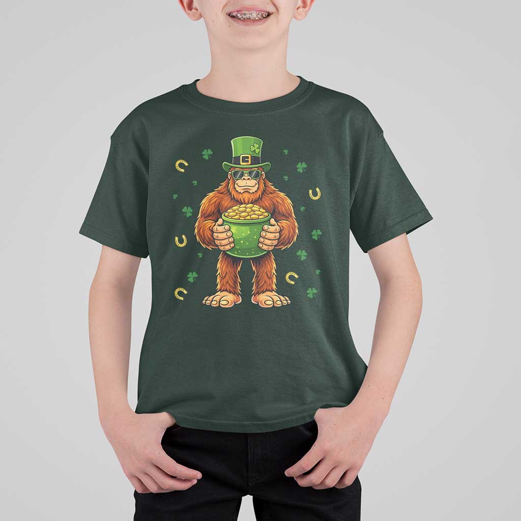 Funny St Patricks Day Bigfoot Lucky Pot Gold Sunglasses Sasquatch T Shirt For Kid