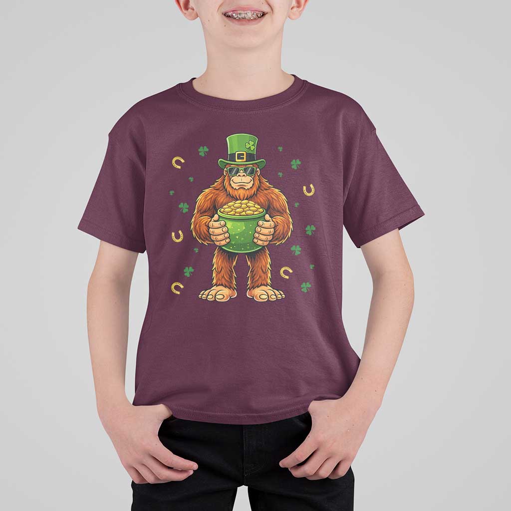 Funny St Patricks Day Bigfoot Lucky Pot Gold Sunglasses Sasquatch T Shirt For Kid