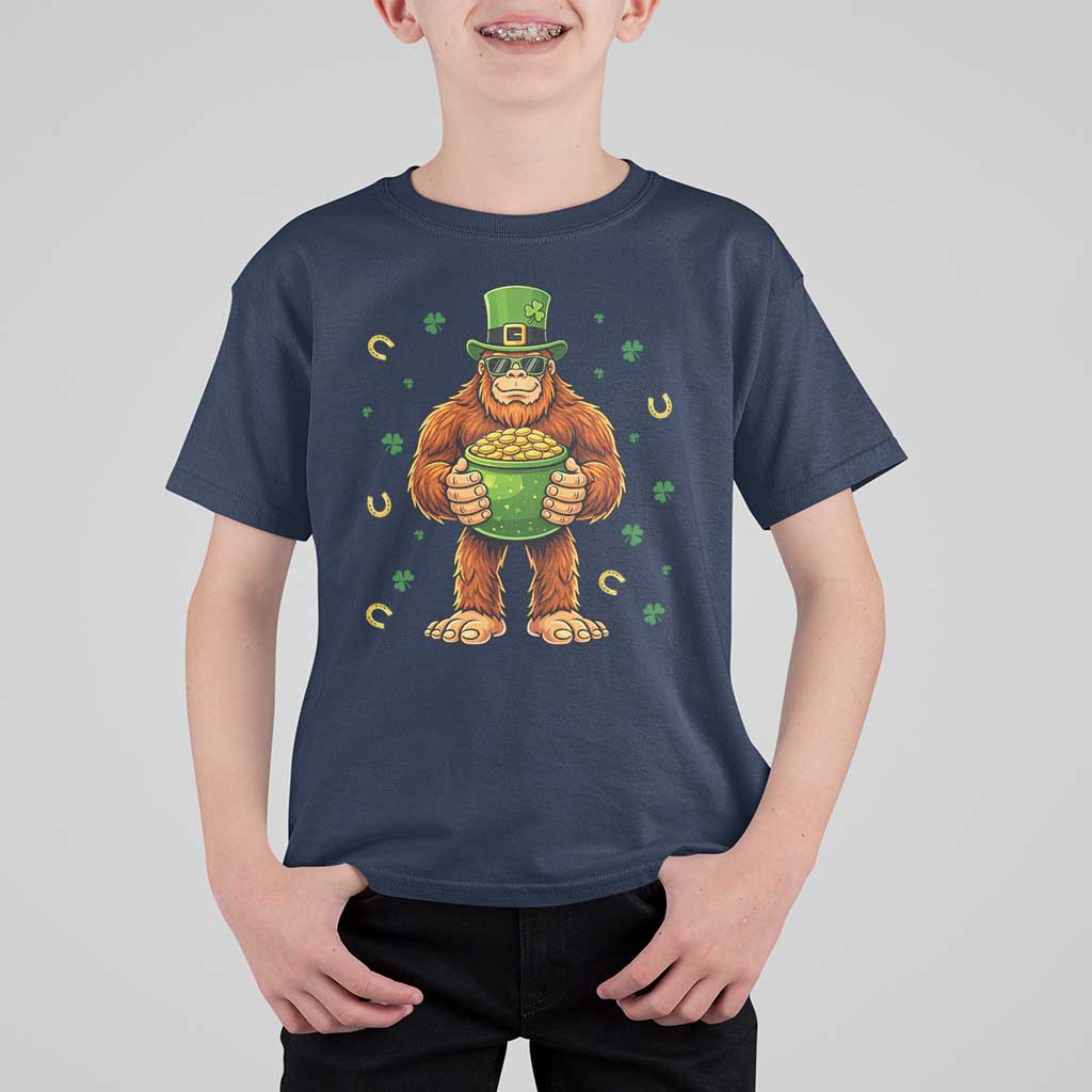 Funny St Patricks Day Bigfoot Lucky Pot Gold Sunglasses Sasquatch T Shirt For Kid