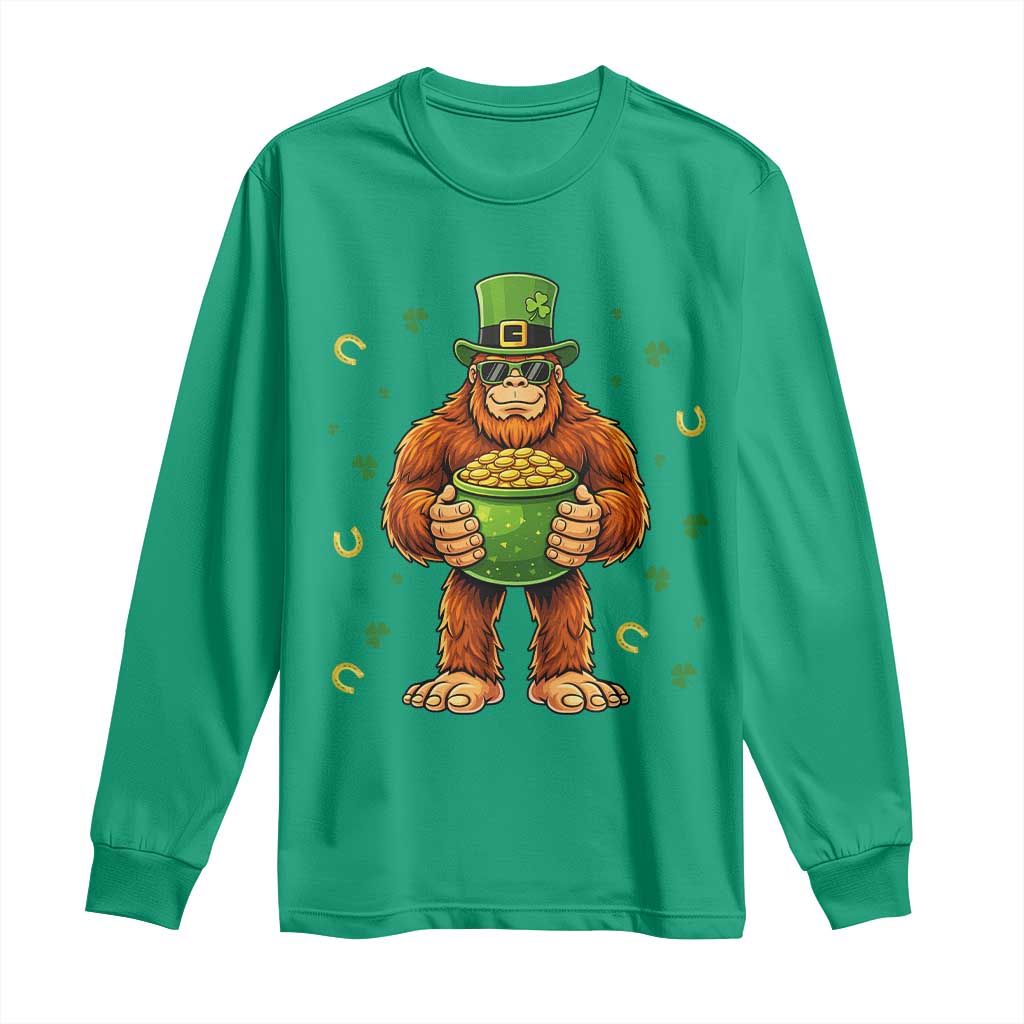 Funny St Patricks Day Bigfoot Lucky Pot Gold Sunglasses Sasquatch Long Sleeve Shirt