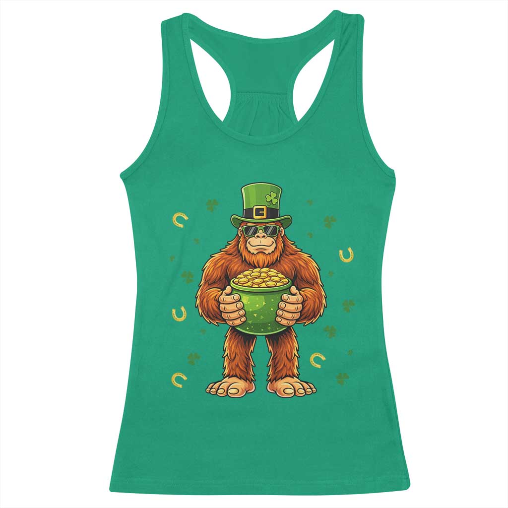 Funny St Patricks Day Bigfoot Lucky Pot Gold Sunglasses Sasquatch Racerback Tank Top