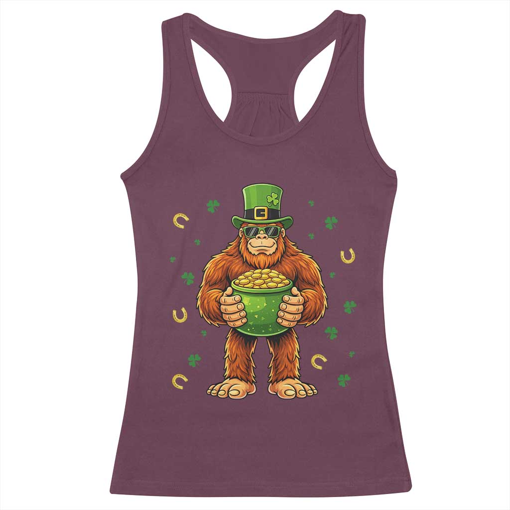 Funny St Patricks Day Bigfoot Lucky Pot Gold Sunglasses Sasquatch Racerback Tank Top