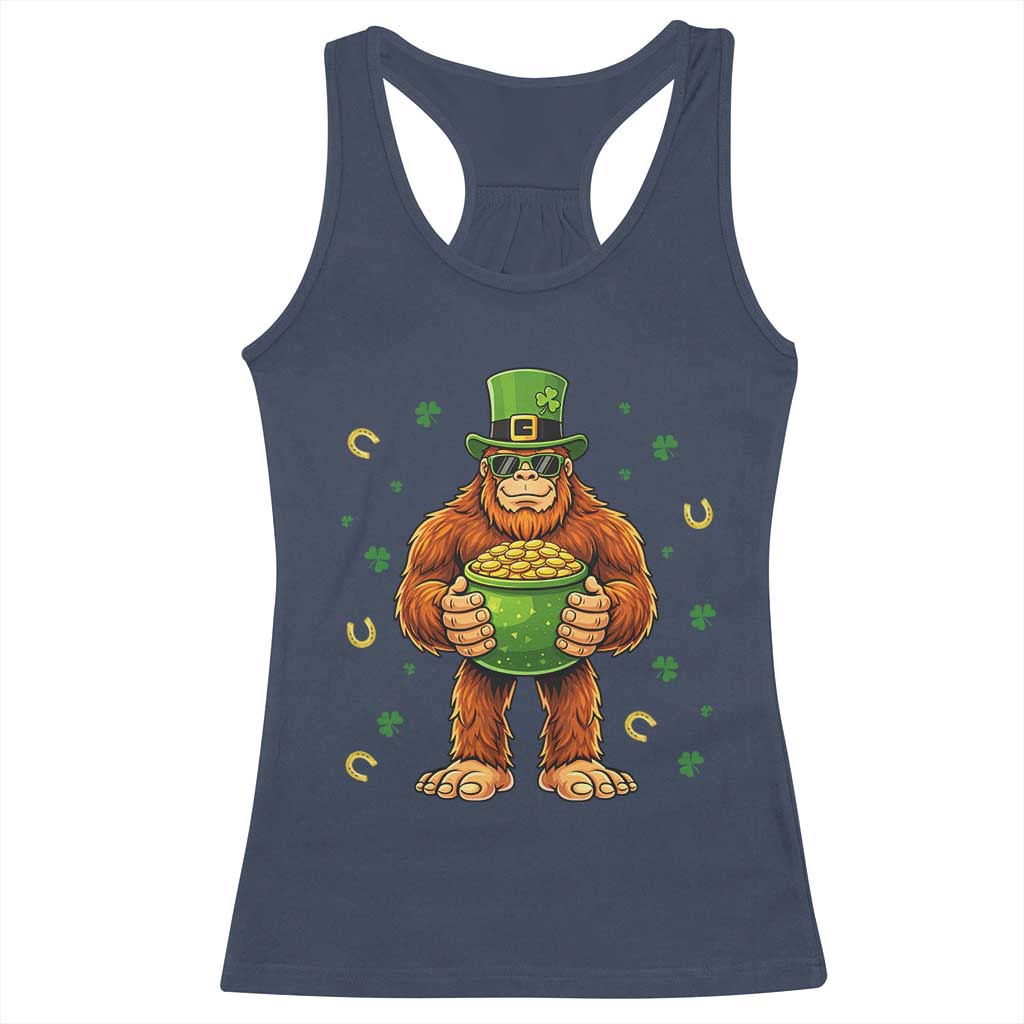 Funny St Patricks Day Bigfoot Lucky Pot Gold Sunglasses Sasquatch Racerback Tank Top