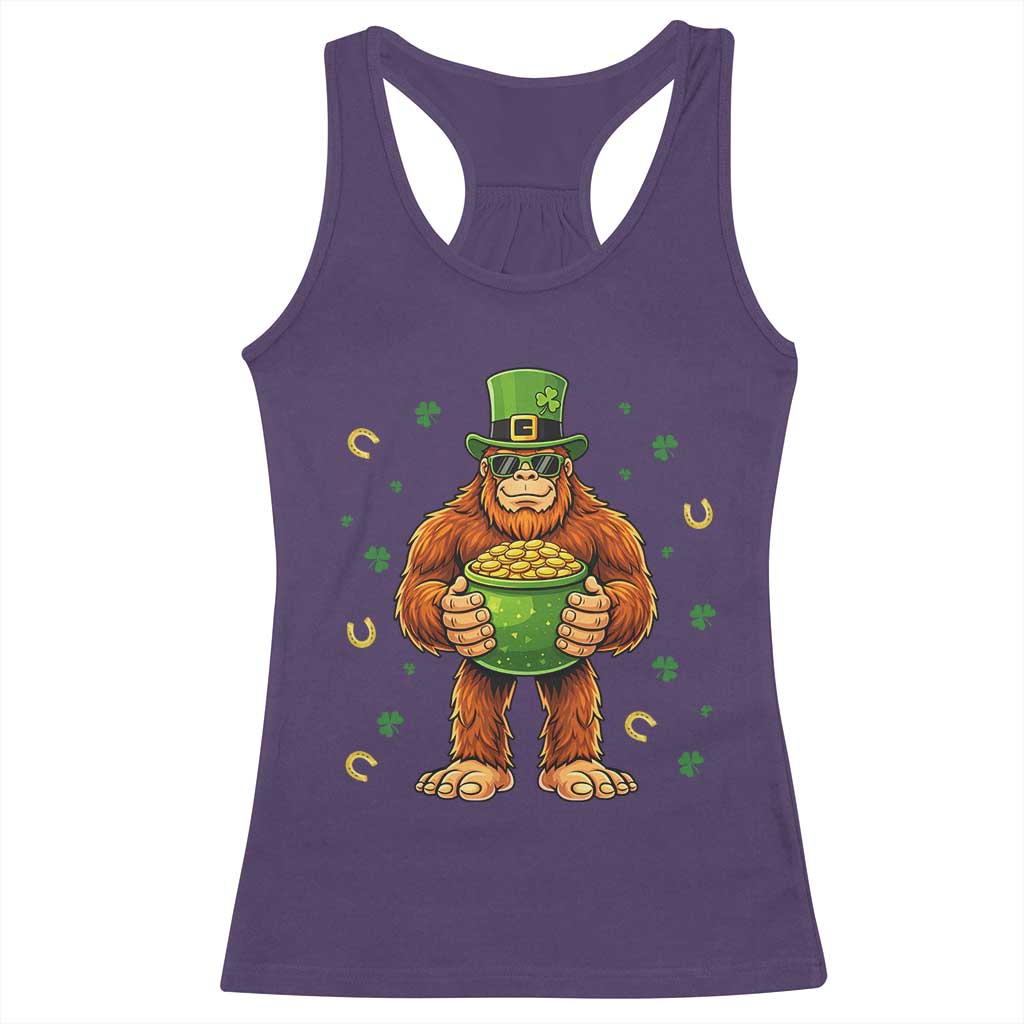 Funny St Patricks Day Bigfoot Lucky Pot Gold Sunglasses Sasquatch Racerback Tank Top