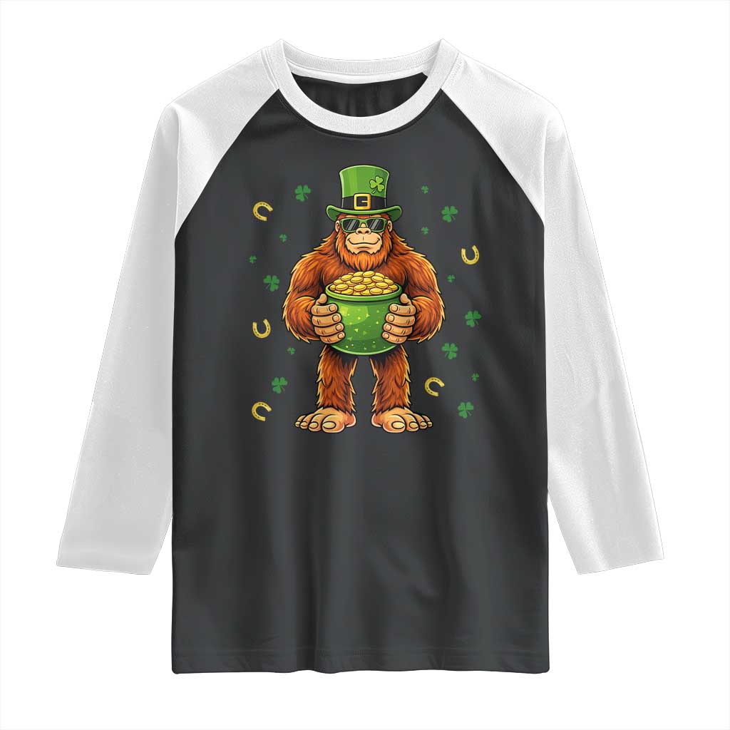 Funny St Patricks Day Bigfoot Lucky Pot Gold Sunglasses Sasquatch Raglan Shirt