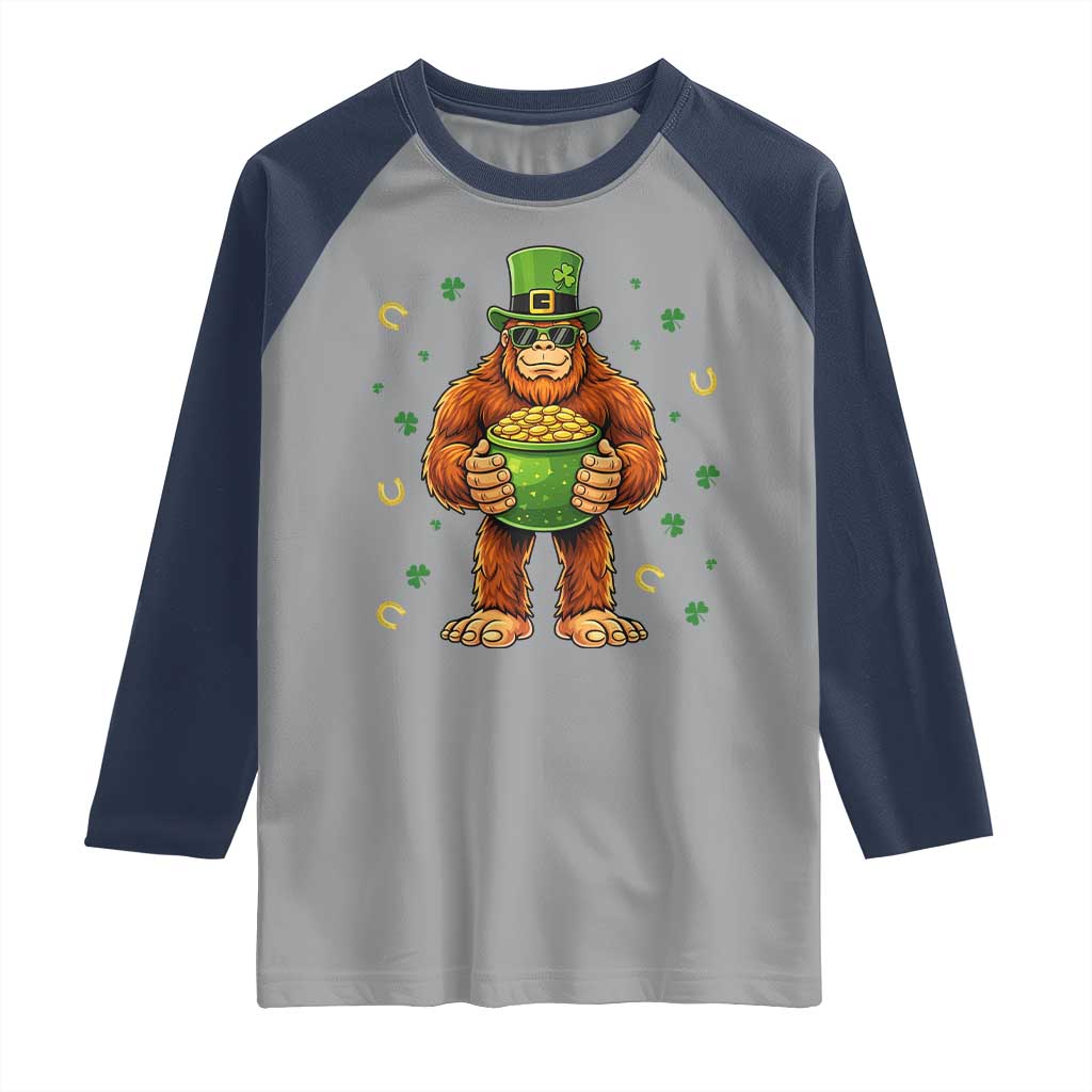 Funny St Patricks Day Bigfoot Lucky Pot Gold Sunglasses Sasquatch Raglan Shirt