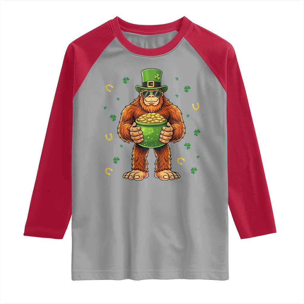 Funny St Patricks Day Bigfoot Lucky Pot Gold Sunglasses Sasquatch Raglan Shirt