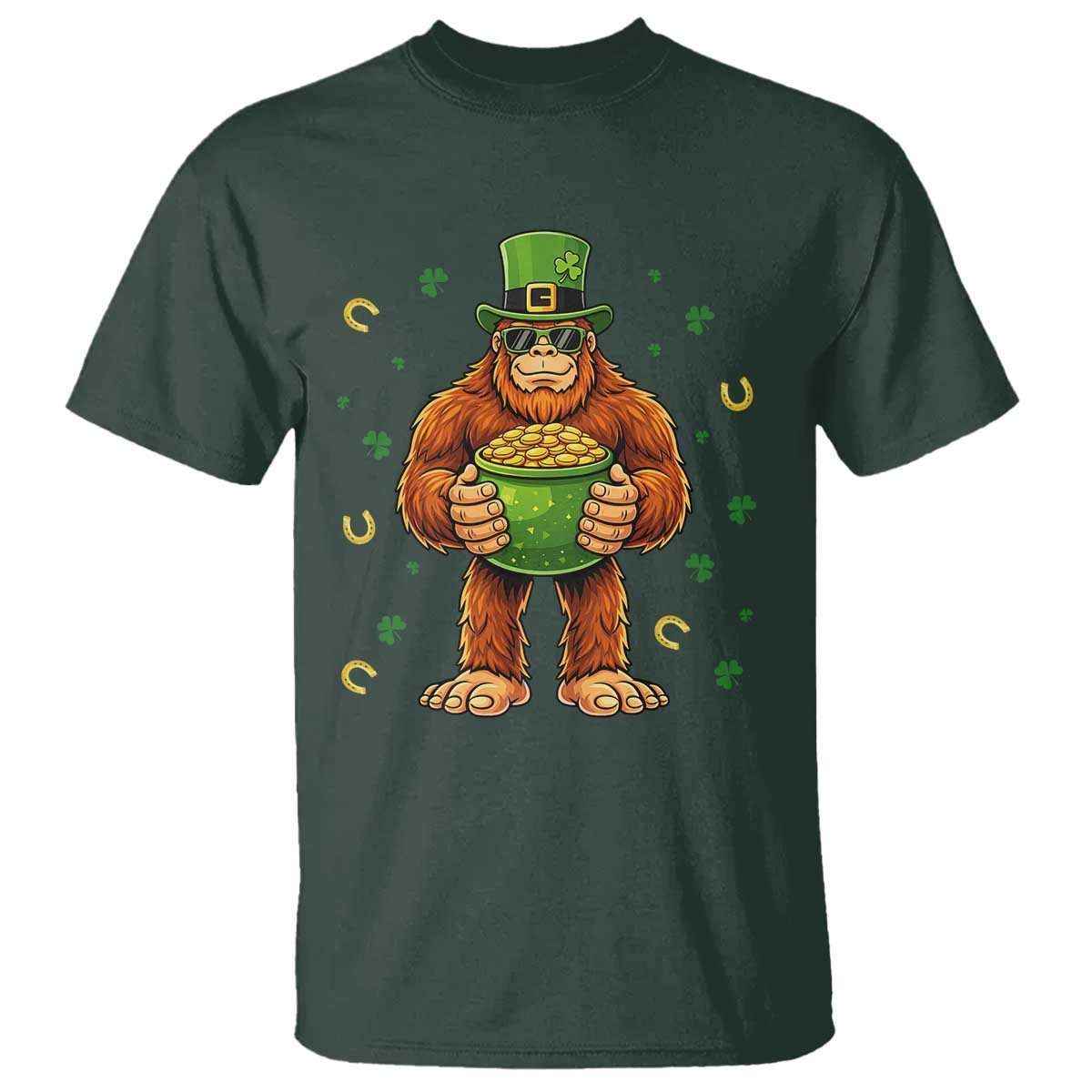 Funny St Patricks Day Bigfoot Lucky Pot Gold Sunglasses Sasquatch T Shirt