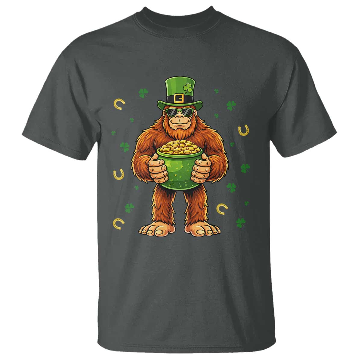 Funny St Patricks Day Bigfoot Lucky Pot Gold Sunglasses Sasquatch T Shirt