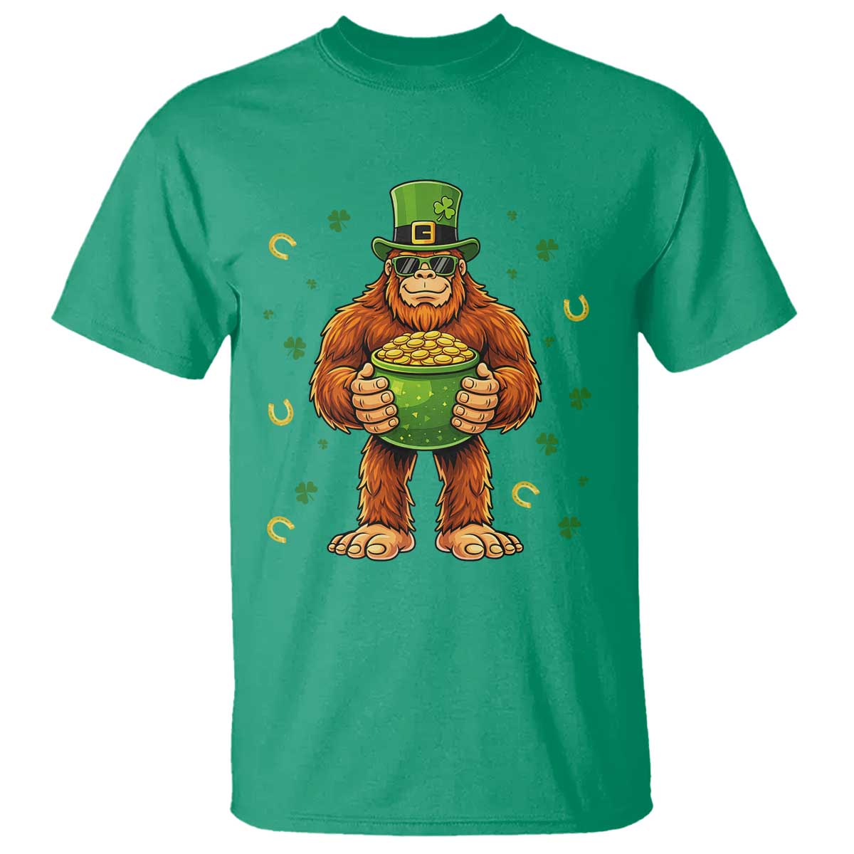 Funny St Patricks Day Bigfoot Lucky Pot Gold Sunglasses Sasquatch T Shirt