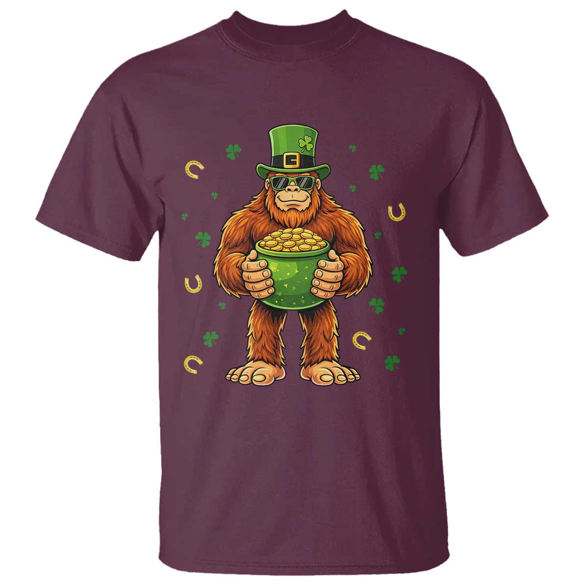 Funny St Patricks Day Bigfoot Lucky Pot Gold Sunglasses Sasquatch T Shirt
