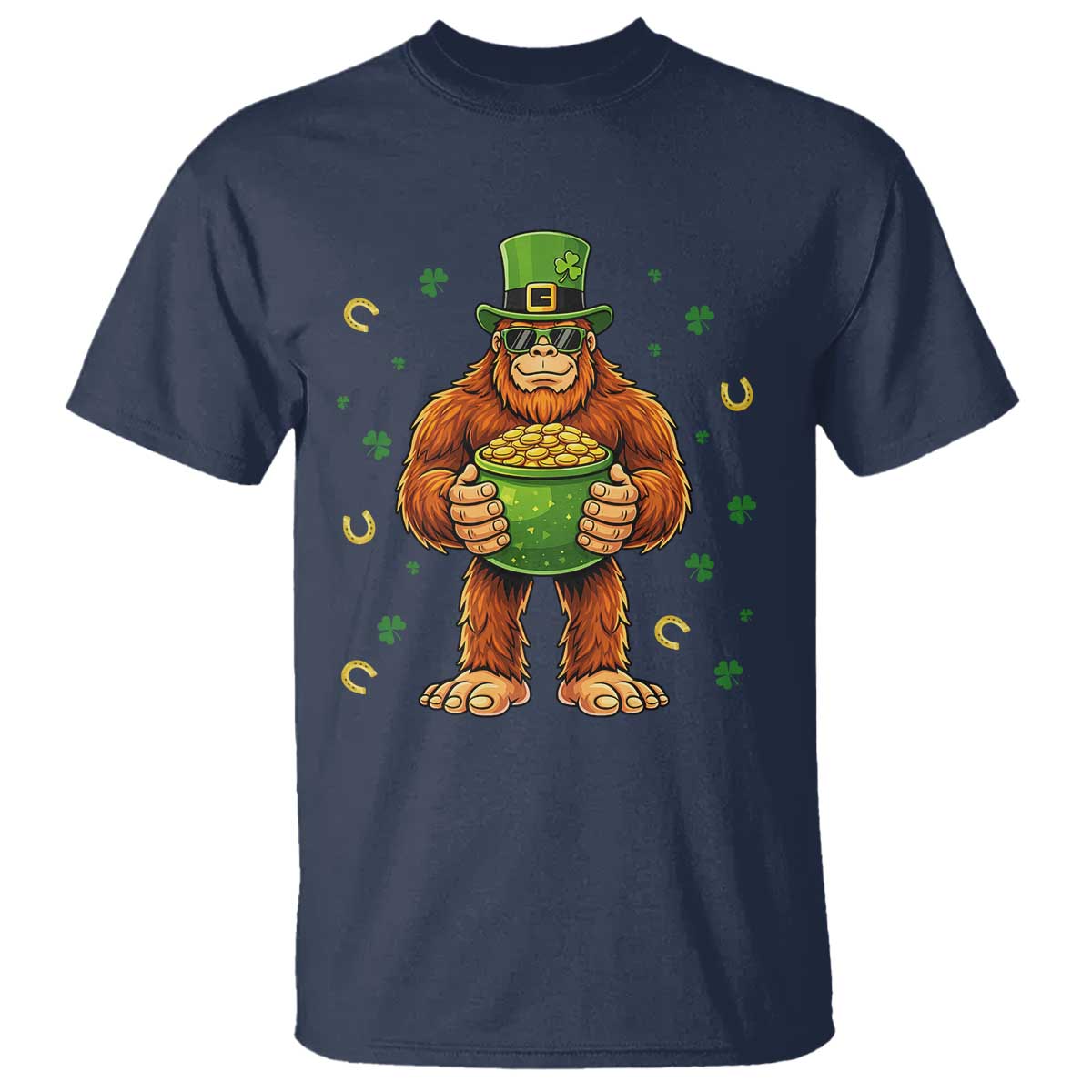 Funny St Patricks Day Bigfoot Lucky Pot Gold Sunglasses Sasquatch T Shirt