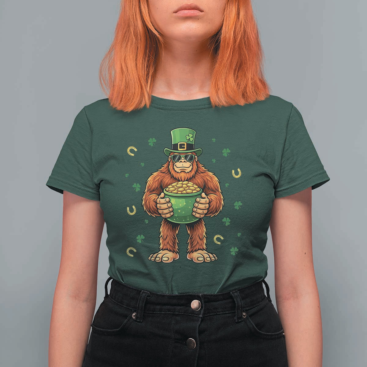 Funny St Patricks Day Bigfoot Lucky Pot Gold Sunglasses Sasquatch T Shirt For Women