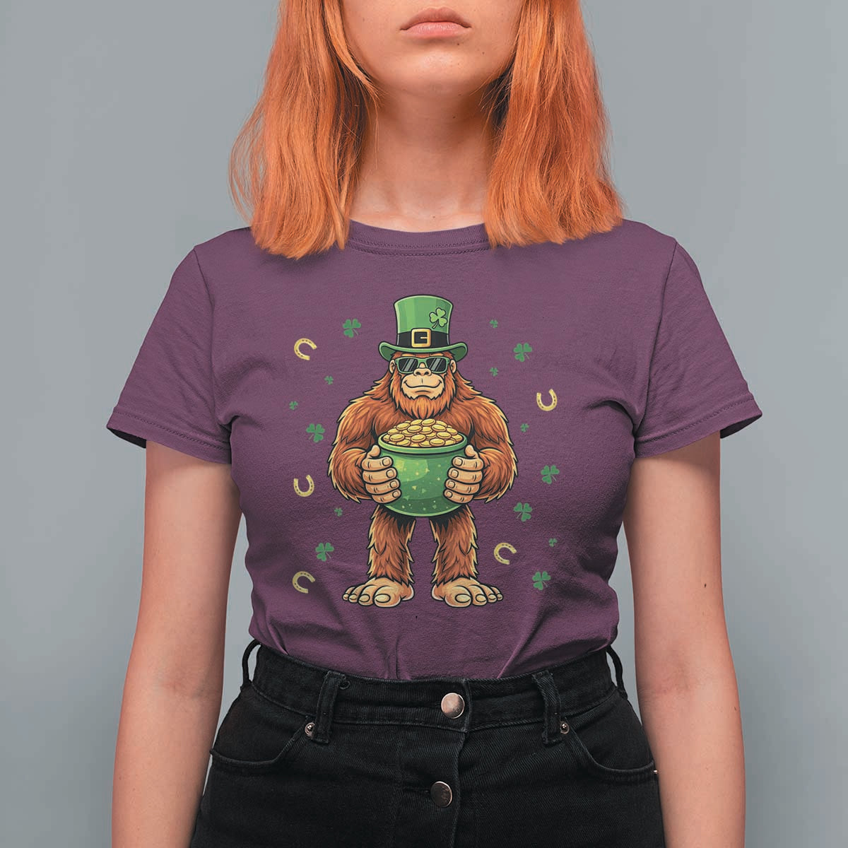 Funny St Patricks Day Bigfoot Lucky Pot Gold Sunglasses Sasquatch T Shirt For Women