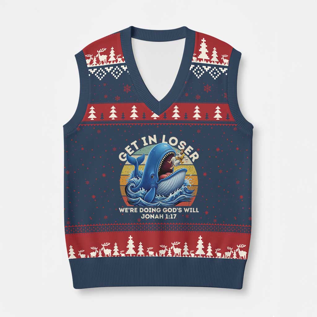 Get In Loser We're Doing God's Will V-Neck Knit Sweater Vest Funny Christian Bible