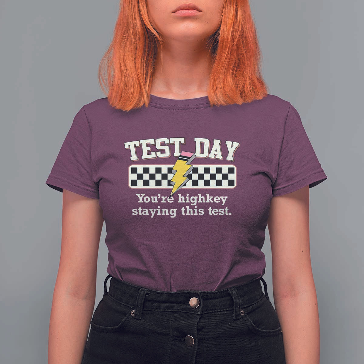 Funny Test Day You're Highkey Staying This Test T Shirt For Women Teacher Pencil Lightning Bolt